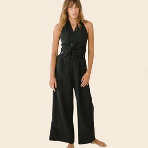Free The Label, Monaco Linen Palazzo Wide Leg Pants, Black, Size XS